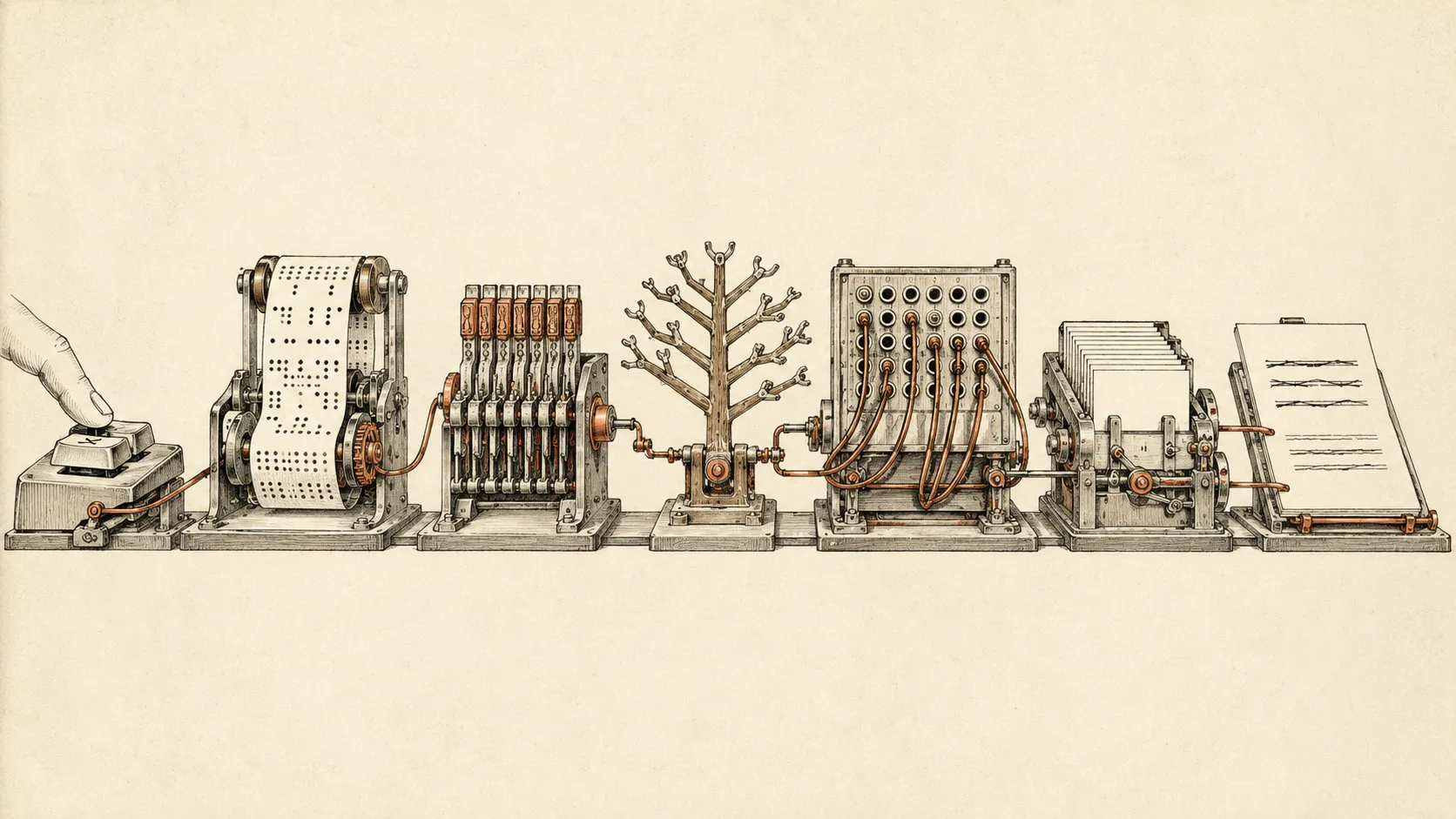 A patent-style drawing of a mechanical pipeline. A finger presses a key and the motion travels through punched tape, a bank of typebars, a branching tree, a patch panel and a stack of cards before arriving at a printed page.